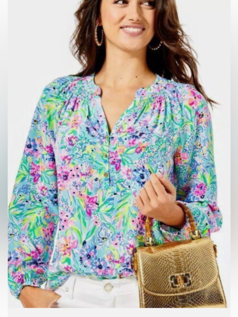 NWT Lilly Pulitzer Elsa Silk Blouse Size L in Amalfi Blue - Alligator Isle print